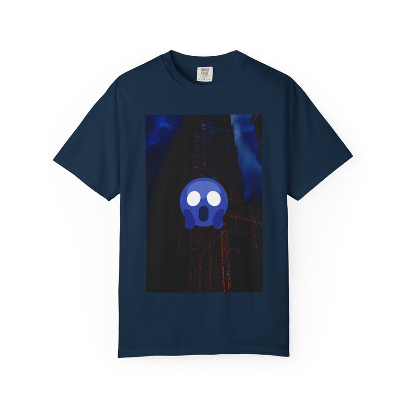 Mr. O  By Kevin Quinn   -Skull Ghost Graphic T-Shirt — Neon Blue Haunted Vibe- Modern Urban Pop Architecture