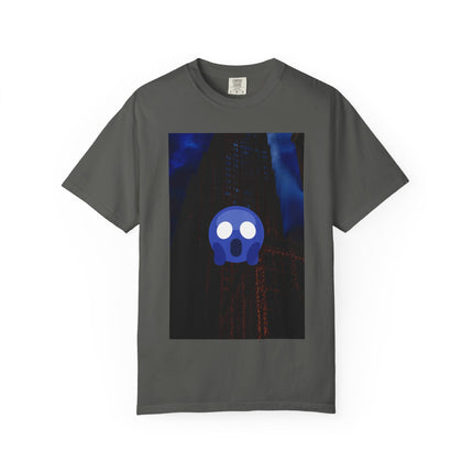 Mr. O  By Kevin Quinn   -Skull Ghost Graphic T-Shirt — Neon Blue Haunted Vibe- Modern Urban Pop Architecture