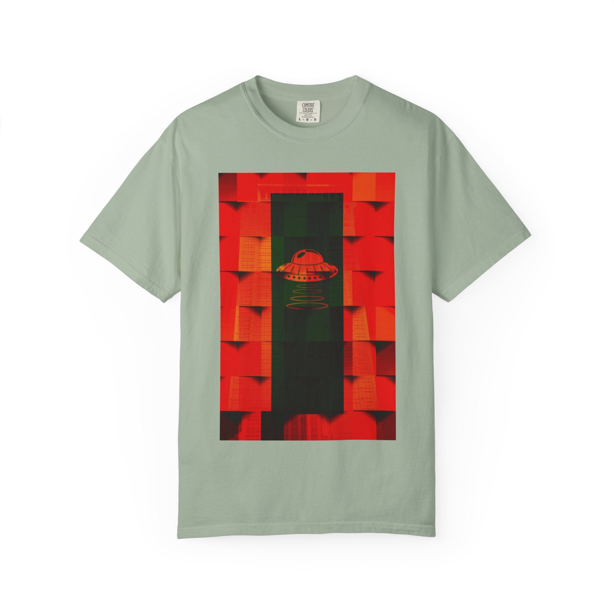 Hotel New Mexico By Kevin Quinn-Modern Abstract Architecture UFO QR Tee — Red Graphic T-Shirt with QR Code Back