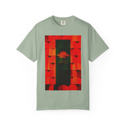 Hotel New Mexico By Kevin Quinn-Modern Abstract Architecture UFO QR Tee — Red Graphic T-Shirt with QR Code Back