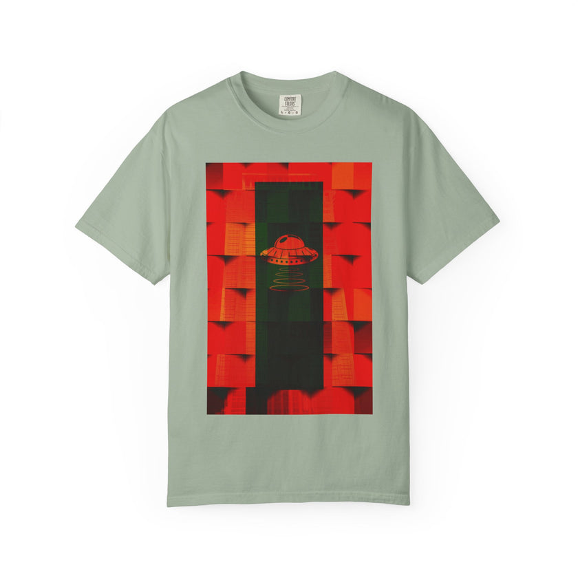 Hotel New Mexico By Kevin Quinn-Modern Abstract Architecture UFO QR Tee — Red Graphic T-Shirt with QR Code Back