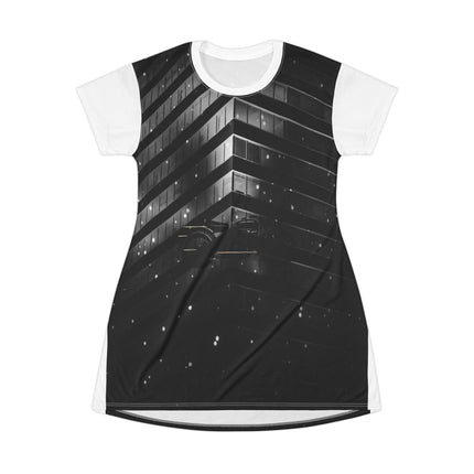 Night Ride By Kevin Quinn -Monochrome Motorcycle Cityscape T‑Shirt Dress — Black Night Motorcycle Building Print
