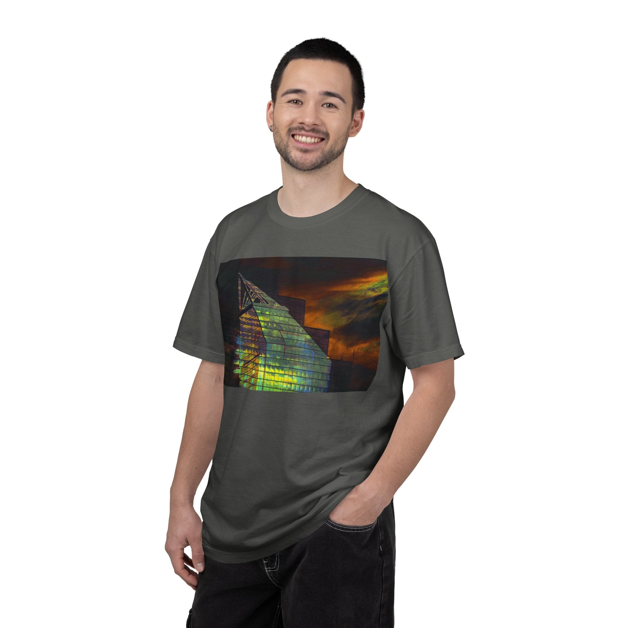 Night Light By Kevin Quinn -Modern Abstract Architectural Nightscape T-Shirt — Glass Building Sunset Photo Tee