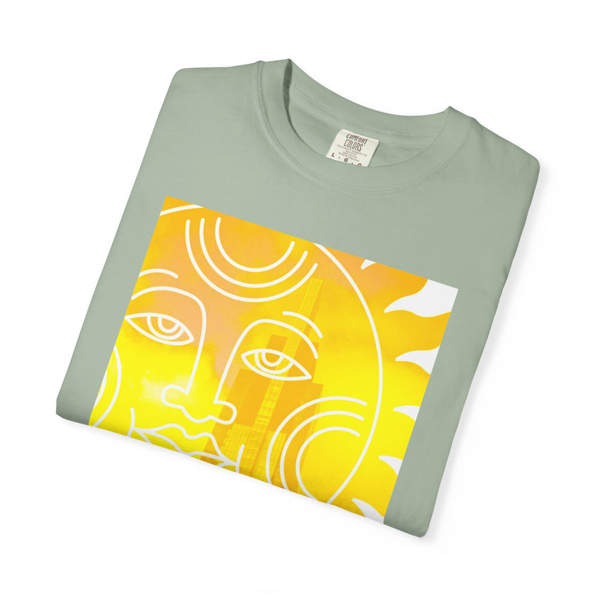 Silky The Sun Kid By Kevin Quinn-Modern Urban Sunface Graphic T-Shirt — Yellow Sun Artwork with QR Code Back