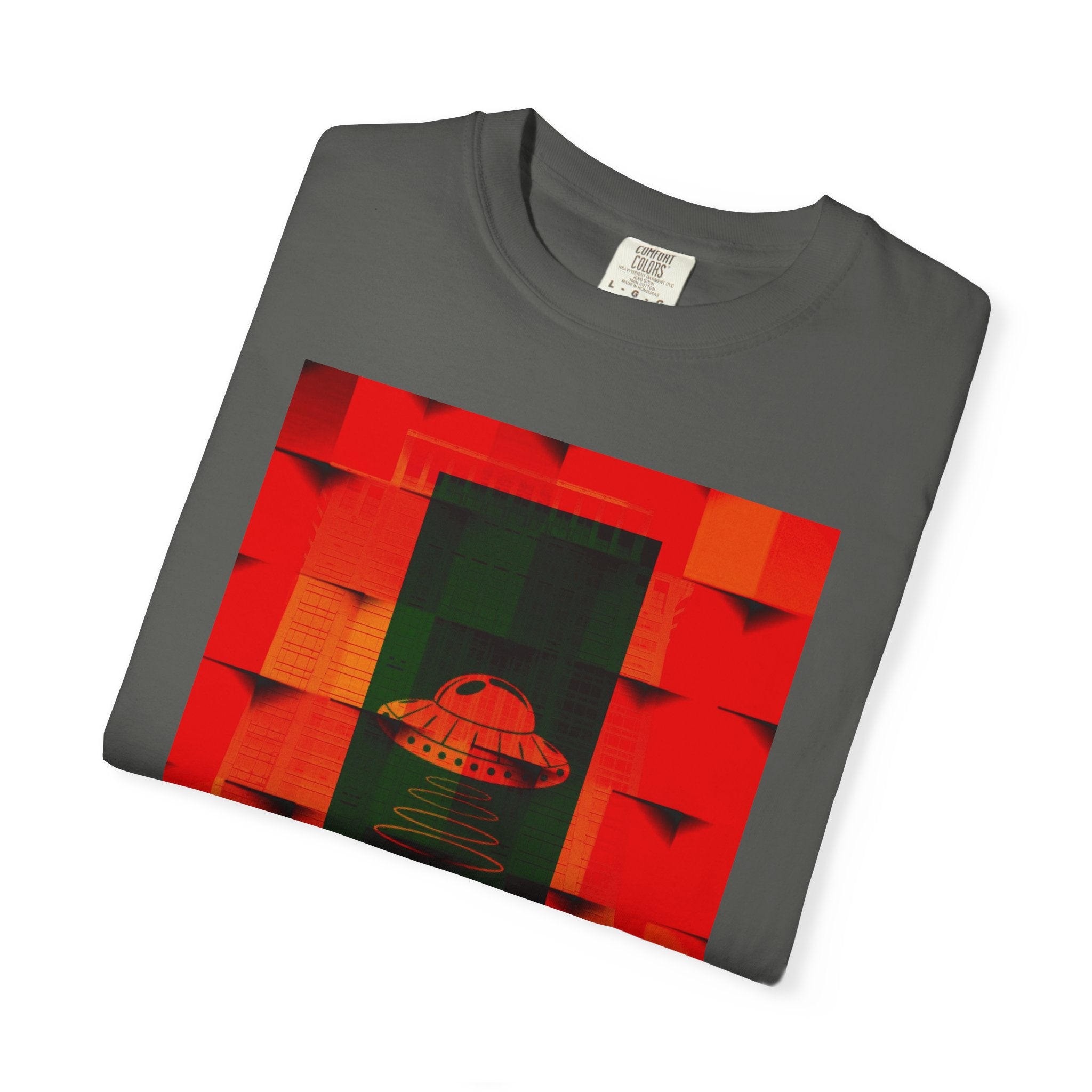 Hotel New Mexico By Kevin Quinn-Modern Abstract Architecture UFO QR Tee — Red Graphic T-Shirt with QR Code Back