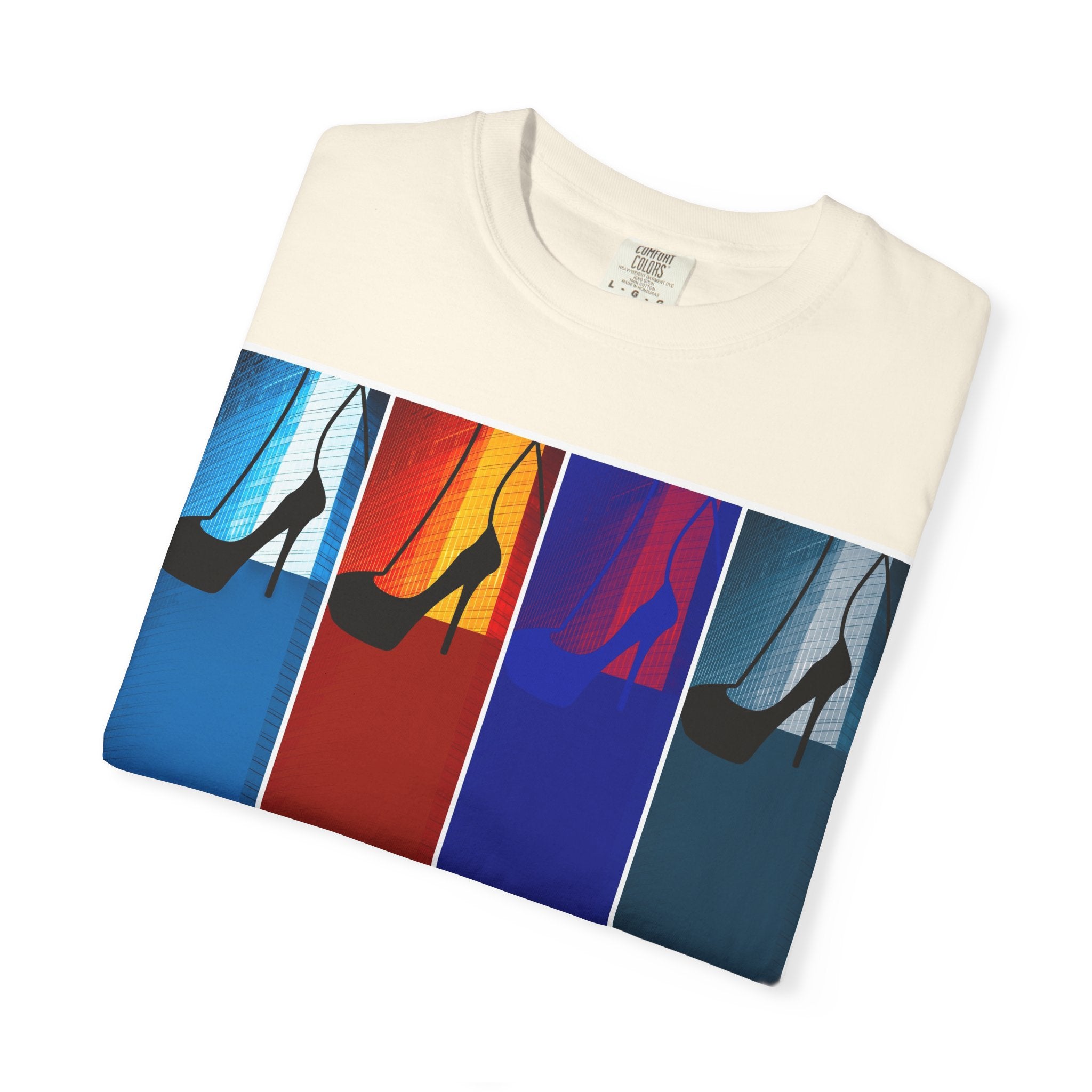 She Knows How To Use Them By Kevin Quinn -Modern Pop Architecture Art Stiletto T‑Shirt — Colorblock High Heel Graphic with QR Code
