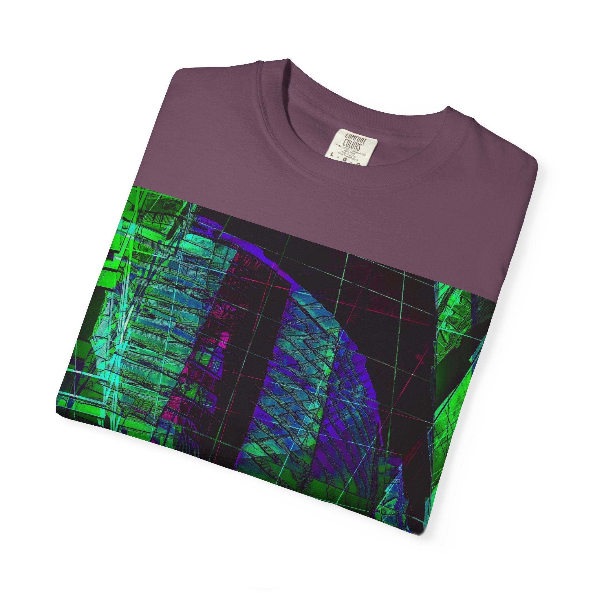 Love Talk By Kevin Quinn -Urban Abstract Architecture Neon Cityscape T-Shirt - Green & Purple Glitch Graphic