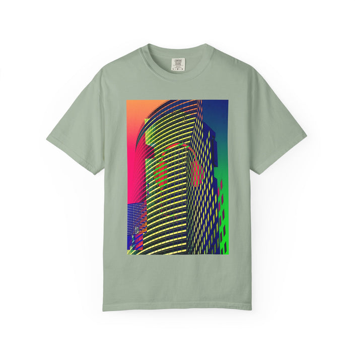 New York Beats By Kevin Quinn -Modern Abstract Architecture Neon Cityscape T-Shirt — Retro Vaporwave Building Print