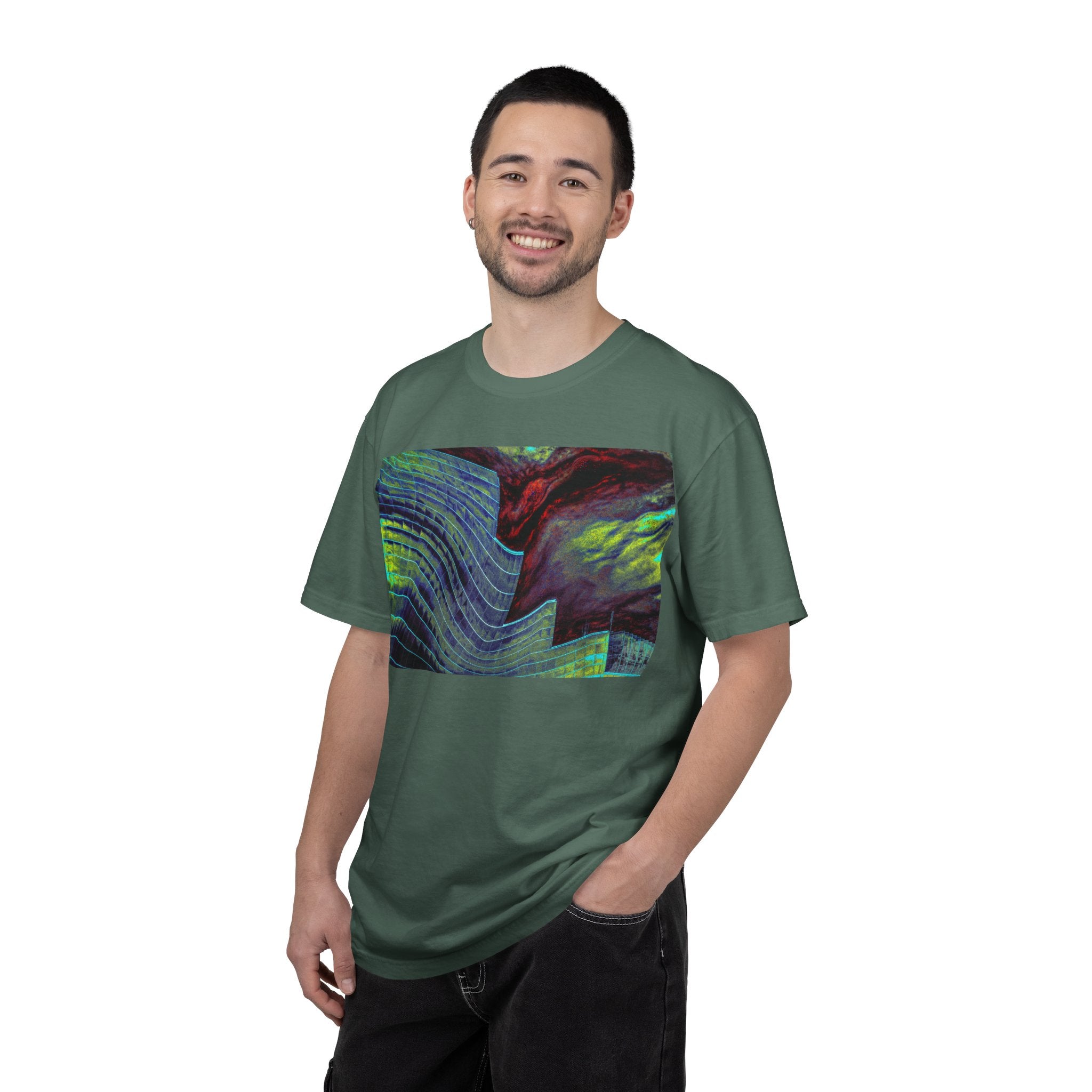 Leaving On A Thursday By Kevin Quinn -Urban Abstract Architecture Wave Art T-Shirt — Neon Ocean Landscape Graphic Tee