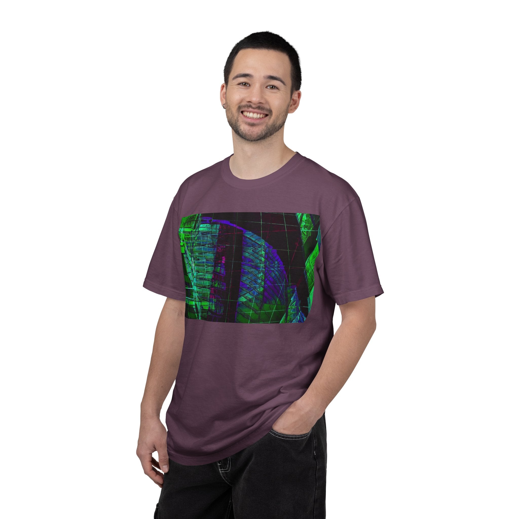Love Talk By Kevin Quinn -Urban Abstract Architecture Neon Cityscape T-Shirt - Green & Purple Glitch Graphic