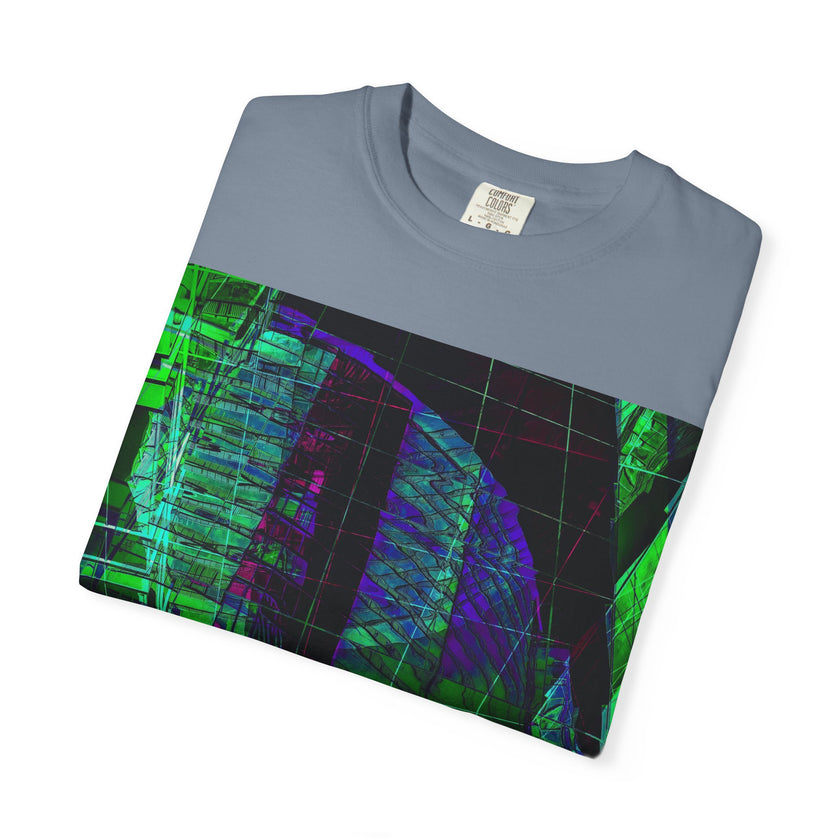 Love Talk By Kevin Quinn -Urban Abstract Architecture Neon Cityscape T-Shirt - Green & Purple Glitch Graphic
