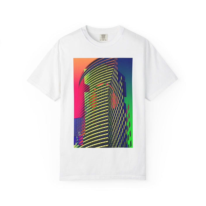New York Beats By Kevin Quinn -Modern Abstract Architecture Neon Cityscape T-Shirt — Retro Vaporwave Building Print