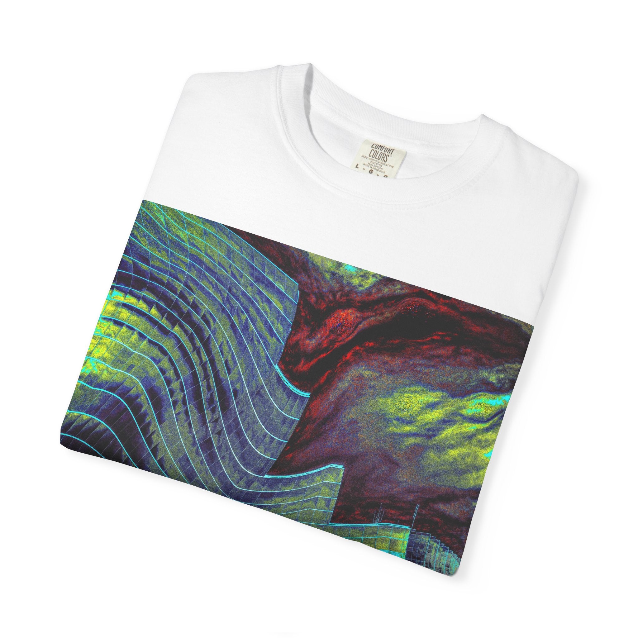 Leaving On A Thursday By Kevin Quinn -Urban Abstract Architecture Wave Art T-Shirt — Neon Ocean Landscape Graphic Tee