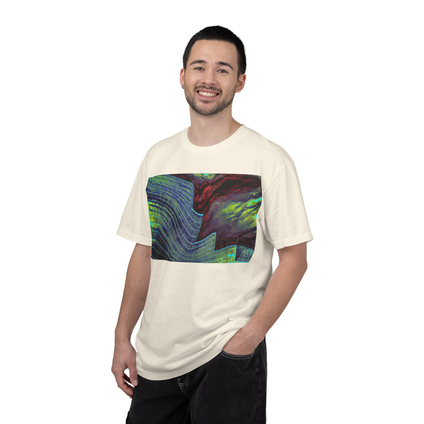 Leaving On A Thursday By Kevin Quinn -Urban Abstract Architecture Wave Art T-Shirt — Neon Ocean Landscape Graphic Tee