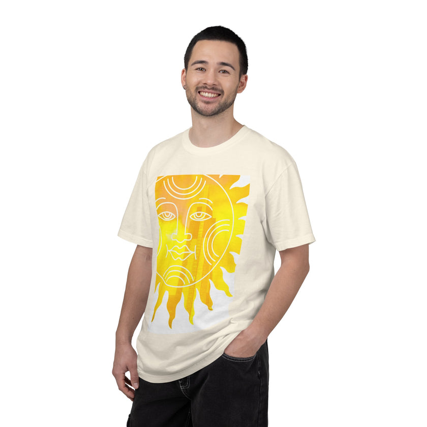 Silky The Sun Kid By Kevin Quinn-Modern Urban Sunface Graphic T-Shirt — Yellow Sun Artwork with QR Code Back