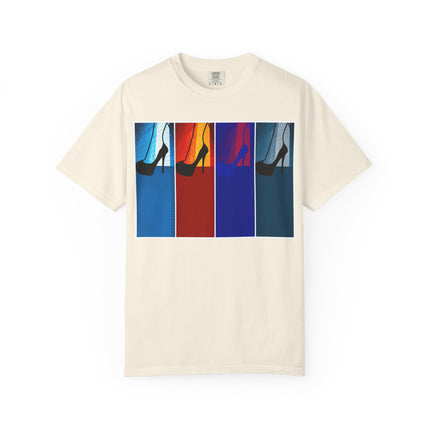 She Knows How To Use Them By Kevin Quinn -Modern Pop Architecture Art Stiletto T‑Shirt — Colorblock High Heel Graphic with QR Code