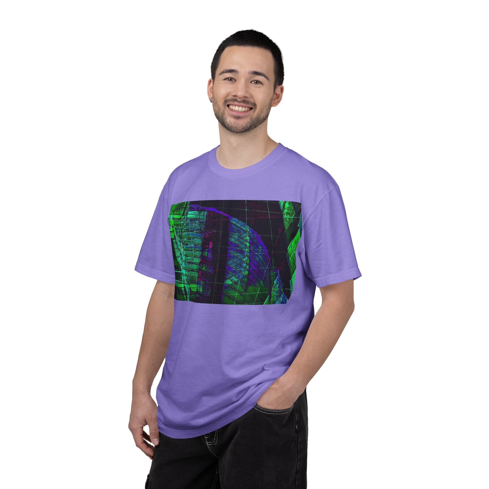 Love Talk By Kevin Quinn -Urban Abstract Architecture Neon Cityscape T-Shirt - Green & Purple Glitch Graphic