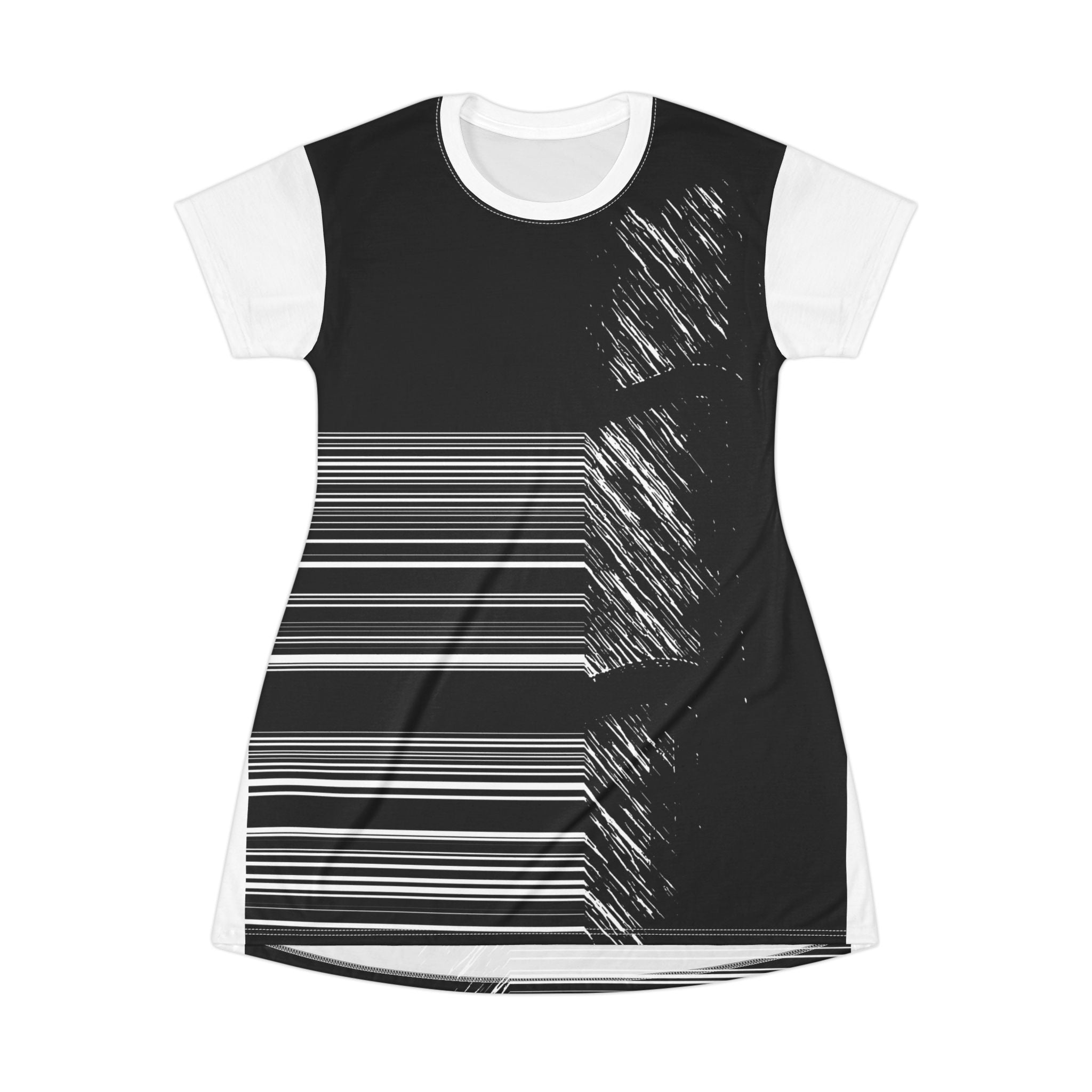 Barcode By Kevin Quinn-Monochrome Glitch T-Shirt Dress — Abstract Modern Architecture Striped Graphic