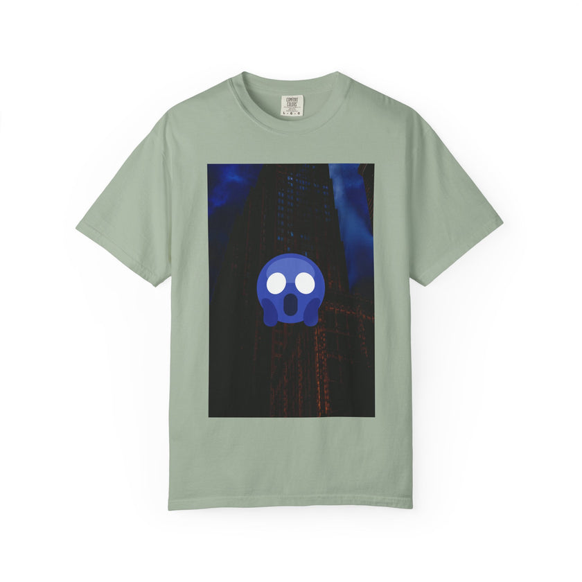 Mr. O  By Kevin Quinn   -Skull Ghost Graphic T-Shirt — Neon Blue Haunted Vibe- Modern Urban Pop Architecture