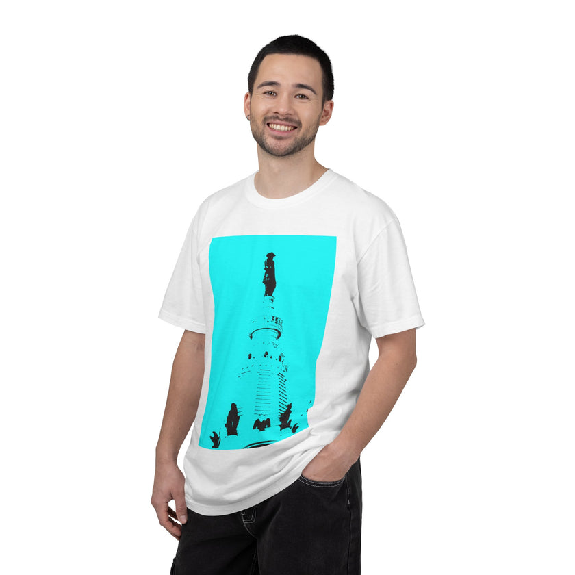 Glamour Boy By Kevin Quinn T-Shirt — Abstract Pop Art Architecture Neon Philly City Monument Graphic with QR Code Back