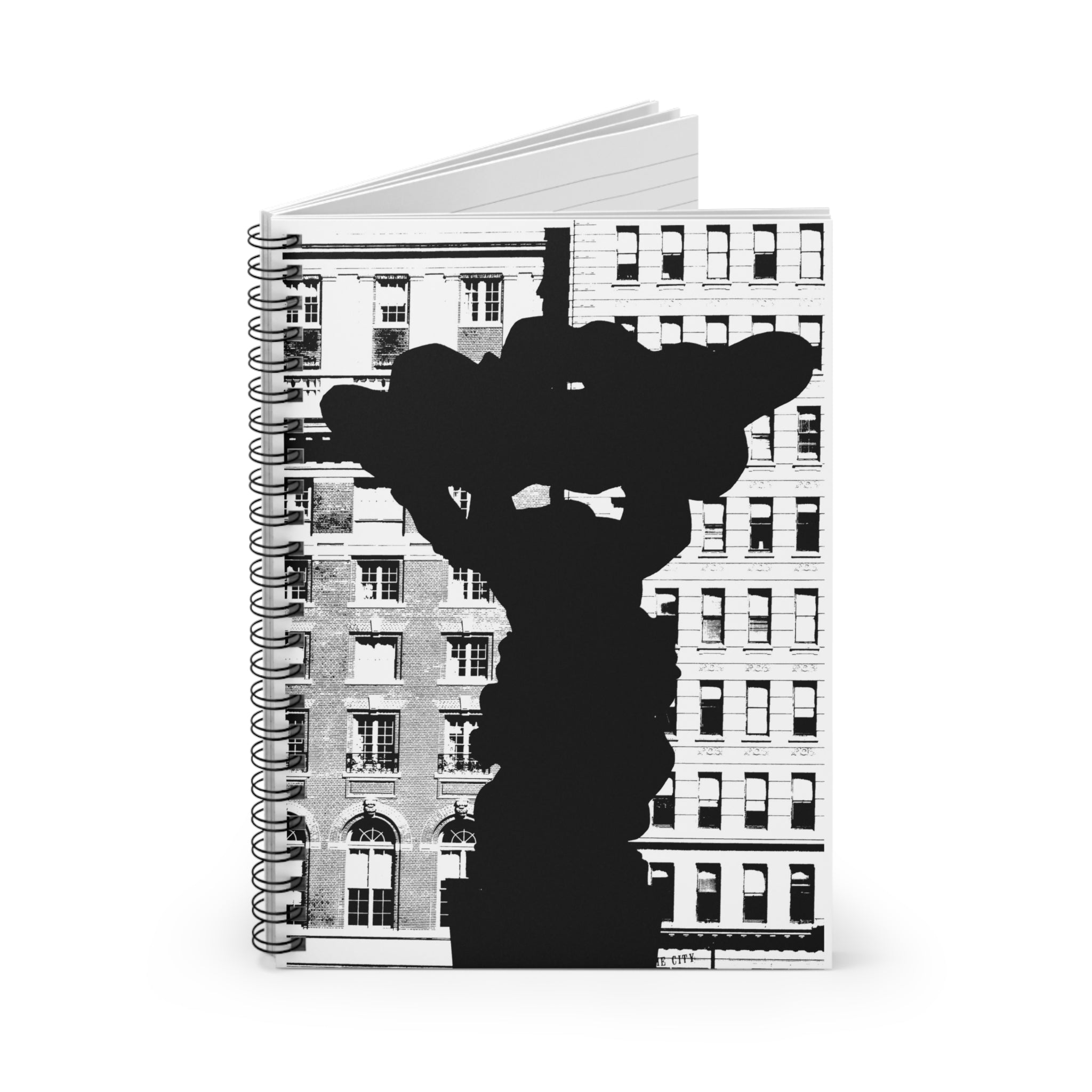 Superman By Kevin Quinn - City Statue Silhouette Spiral Notebook — Black & White Urban Fountain Ruled Journal