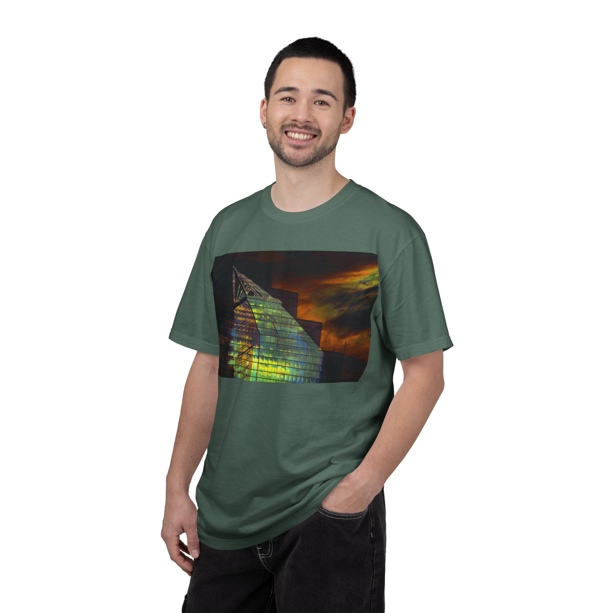 Night Light By Kevin Quinn -Modern Abstract Architectural Nightscape T-Shirt — Glass Building Sunset Photo Tee