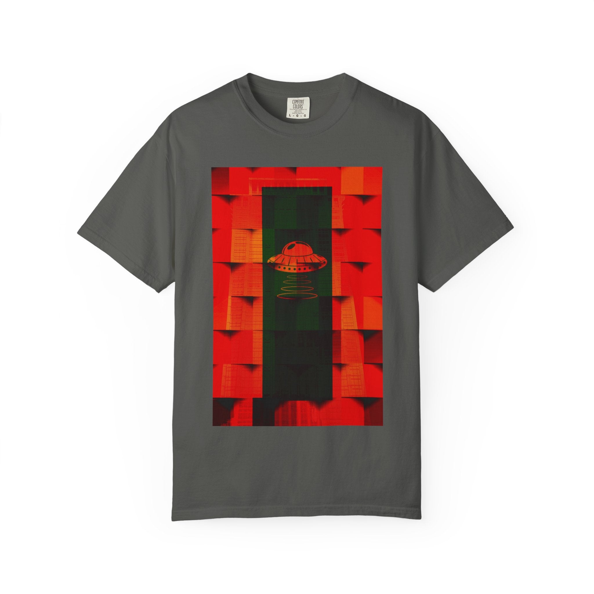 Hotel New Mexico By Kevin Quinn-Modern Abstract Architecture UFO QR Tee — Red Graphic T-Shirt with QR Code Back