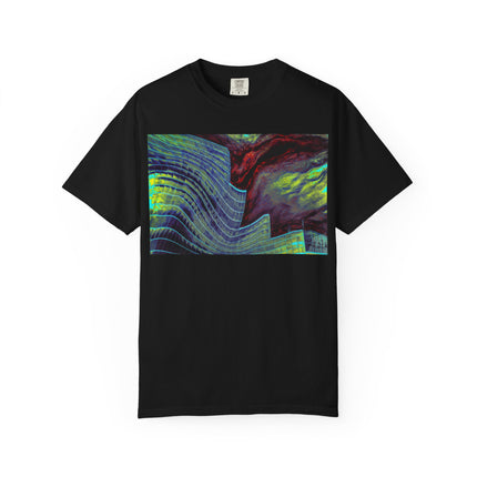Leaving On A Thursday By Kevin Quinn -Urban Abstract Architecture Wave Art T-Shirt — Neon Ocean Landscape Graphic Tee