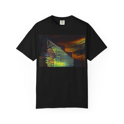 Night Light By Kevin Quinn -Modern Abstract Architectural Nightscape T-Shirt — Glass Building Sunset Photo Tee