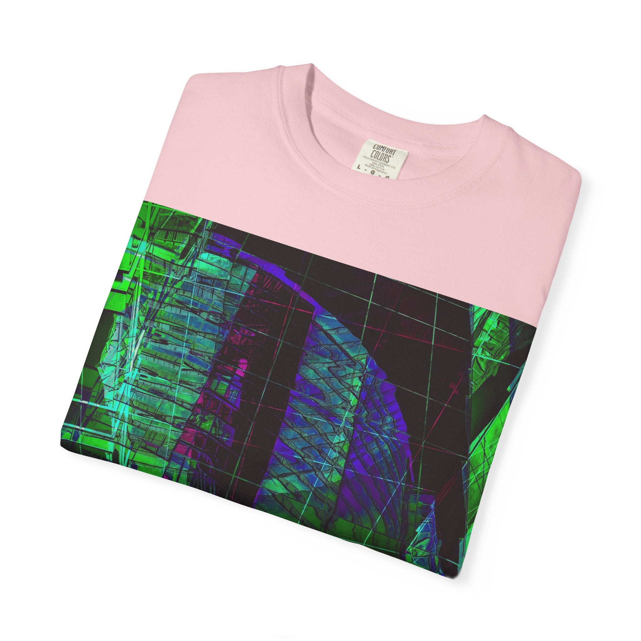 Love Talk By Kevin Quinn -Urban Abstract Architecture Neon Cityscape T-Shirt - Green & Purple Glitch Graphic