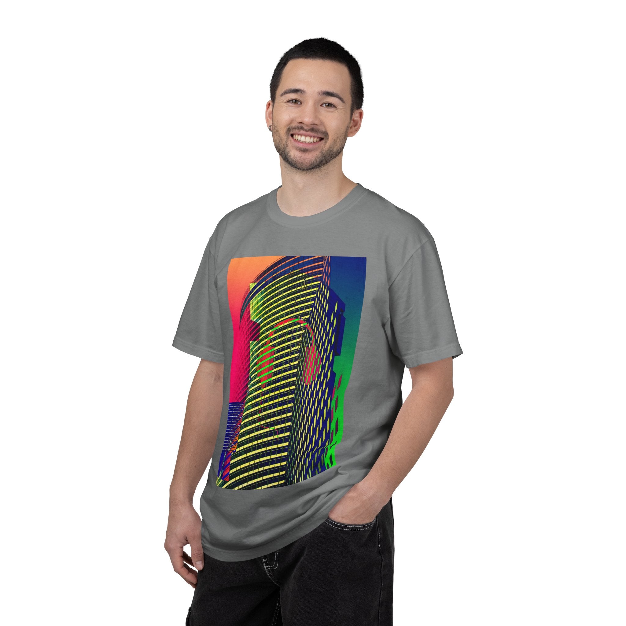 New York Beats By Kevin Quinn -Modern Abstract Architecture Neon Cityscape T-Shirt — Retro Vaporwave Building Print