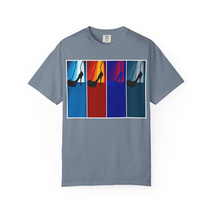 She Knows How To Use Them By Kevin Quinn -Modern Pop Architecture Art Stiletto T‑Shirt — Colorblock High Heel Graphic with QR Code