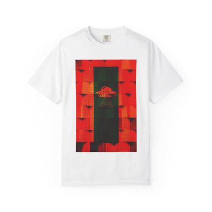 Hotel New Mexico By Kevin Quinn-Modern Abstract Architecture UFO QR Tee — Red Graphic T-Shirt with QR Code Back