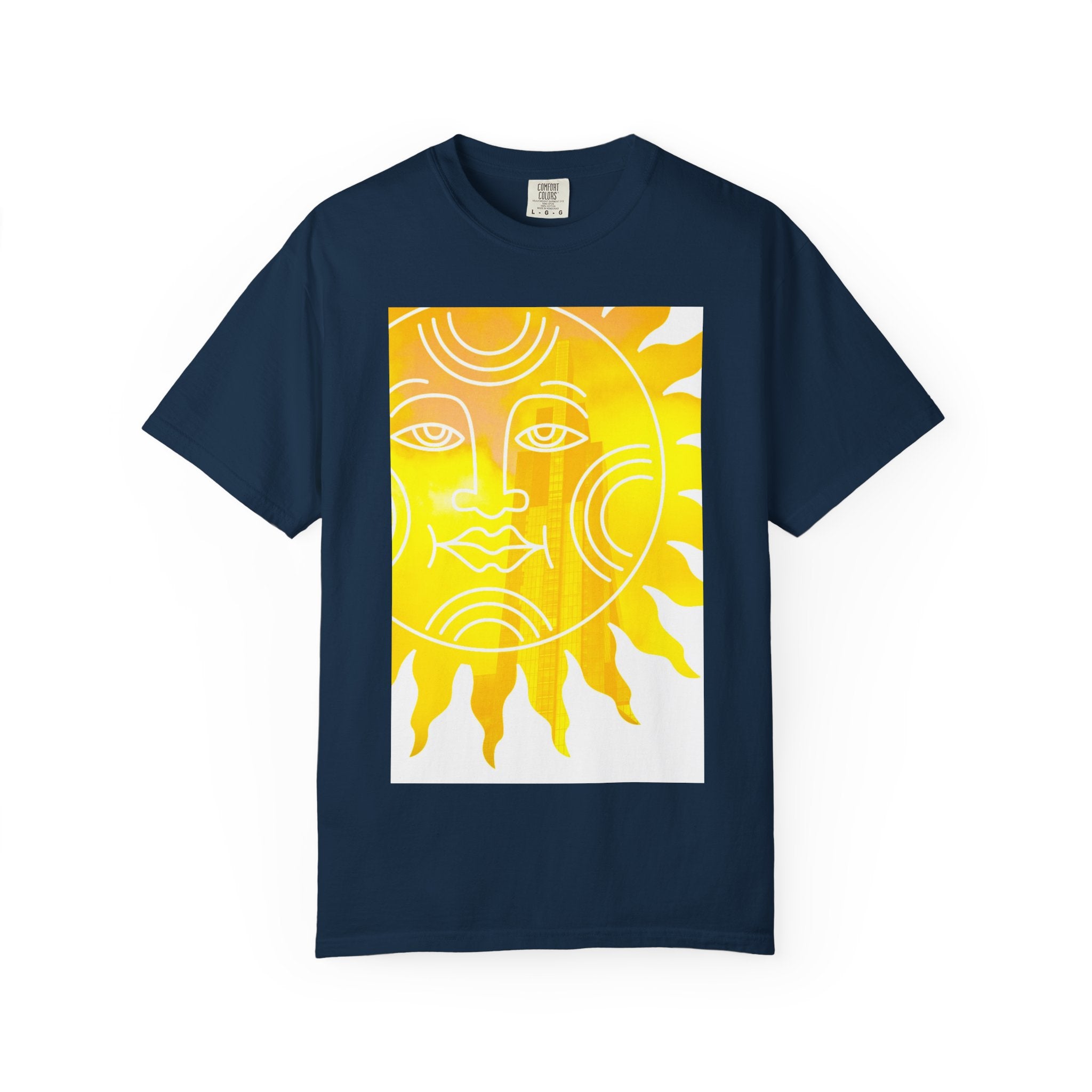 Silky The Sun Kid By Kevin Quinn-Modern Urban Sunface Graphic T-Shirt — Yellow Sun Artwork with QR Code Back