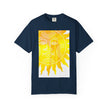 Silky The Sun Kid By Kevin Quinn-Modern Urban Sunface Graphic T-Shirt — Yellow Sun Artwork with QR Code Back