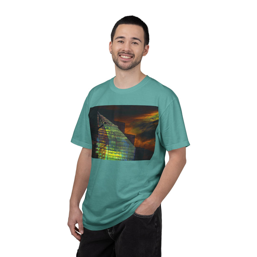 Night Light By Kevin Quinn -Modern Abstract Architectural Nightscape T-Shirt — Glass Building Sunset Photo Tee