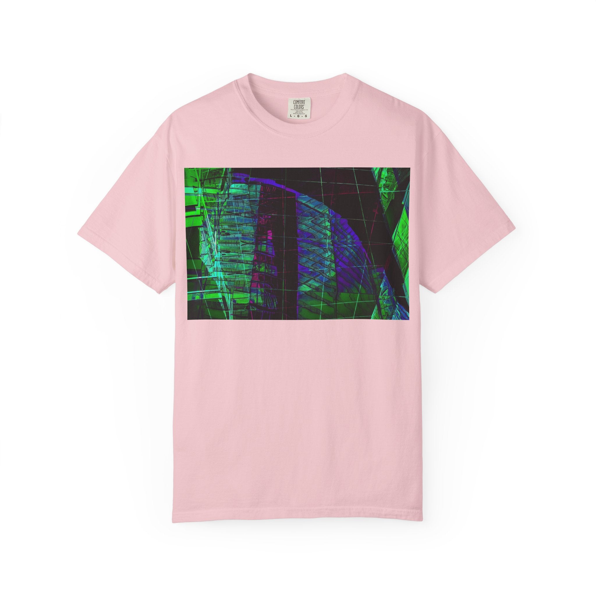 Love Talk By Kevin Quinn -Urban Abstract Architecture Neon Cityscape T-Shirt - Green & Purple Glitch Graphic