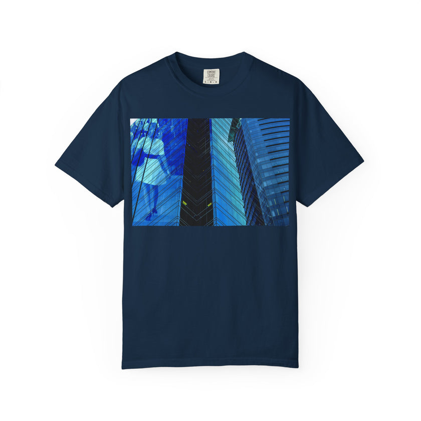 I Think of Her Often By Kevin Quinn -Abstract Urban Architecture Blue Skyscraper with Girl T-Shirt