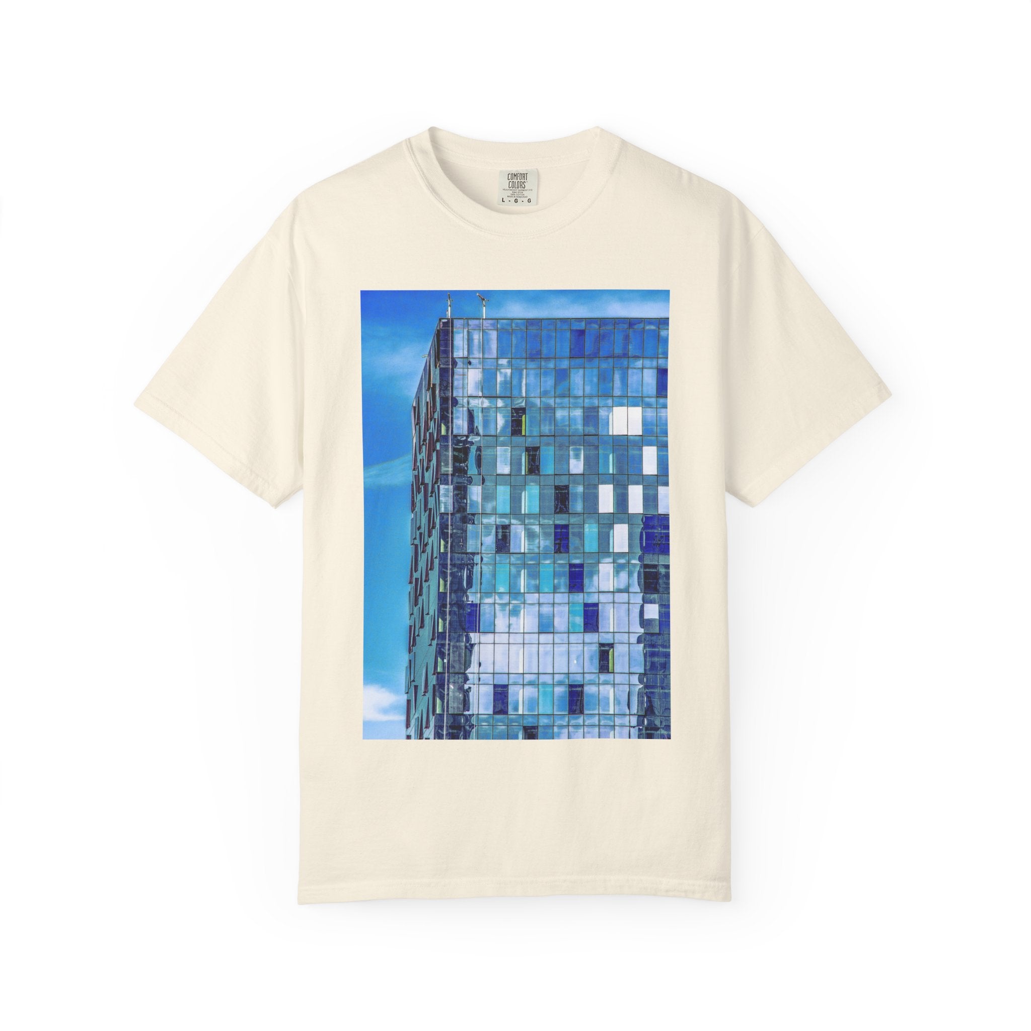 Toy Box By Kevin Quinn -Modern Urban Architecture Glass Facade T-Shirt — Blue Architectural Photo Tee