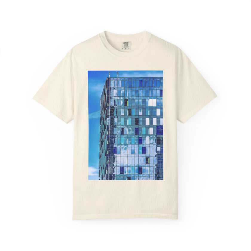 Toy Box By Kevin Quinn -Modern Urban Architecture Glass Facade T-Shirt — Blue Architectural Photo Tee