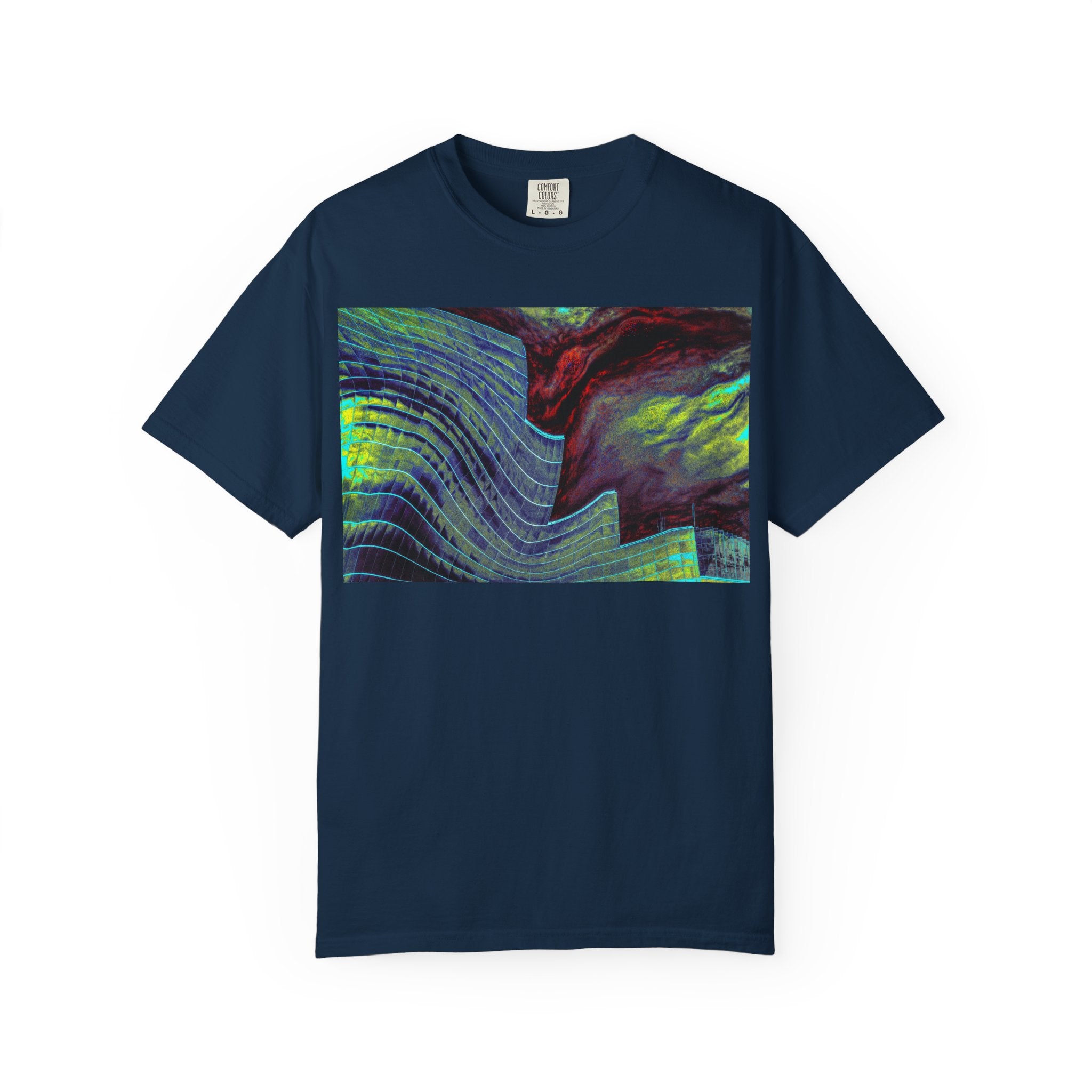 Leaving On A Thursday By Kevin Quinn -Urban Abstract Architecture Wave Art T-Shirt — Neon Ocean Landscape Graphic Tee