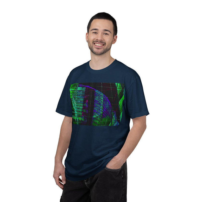 Love Talk By Kevin Quinn -Urban Abstract Architecture Neon Cityscape T-Shirt - Green & Purple Glitch Graphic