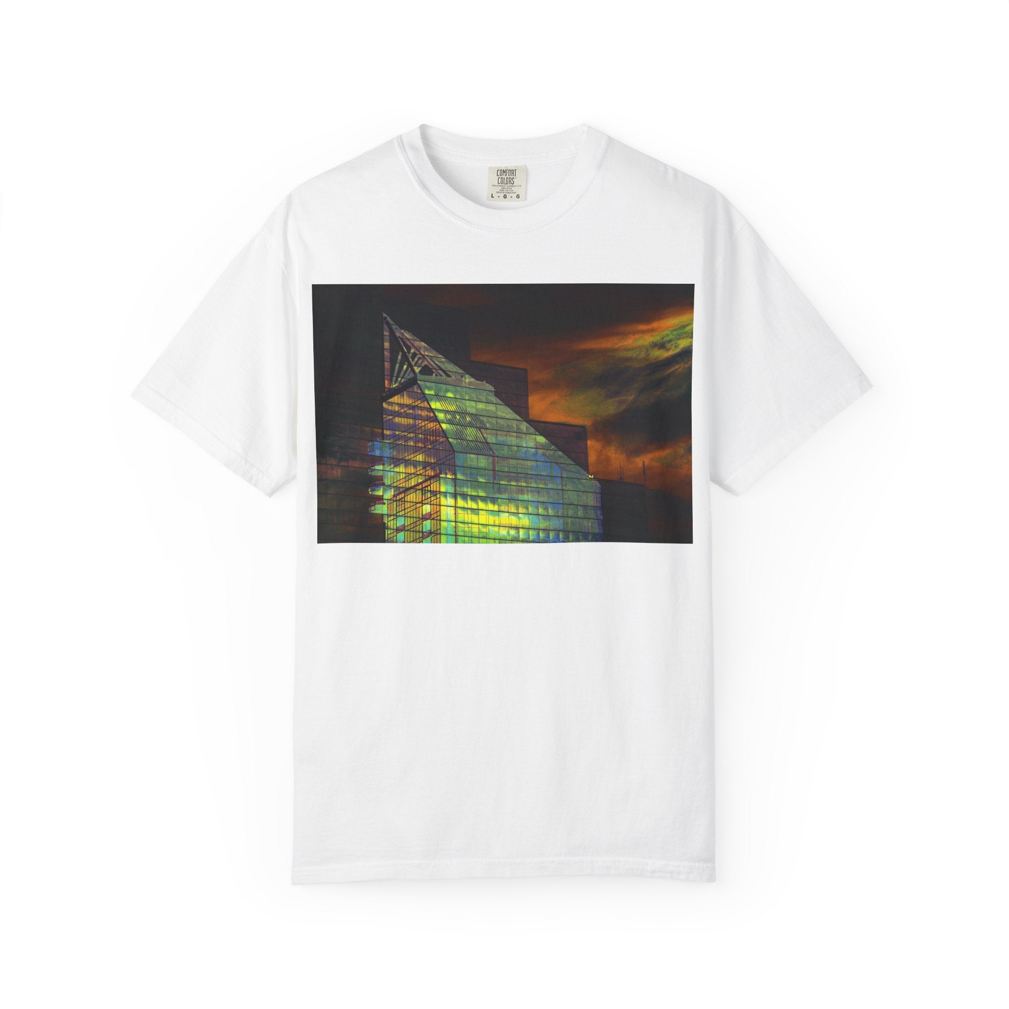Night Light By Kevin Quinn -Modern Abstract Architectural Nightscape T-Shirt — Glass Building Sunset Photo Tee