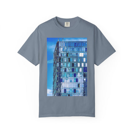 Toy Box By Kevin Quinn -Modern Urban Architecture Glass Facade T-Shirt — Blue Architectural Photo Tee