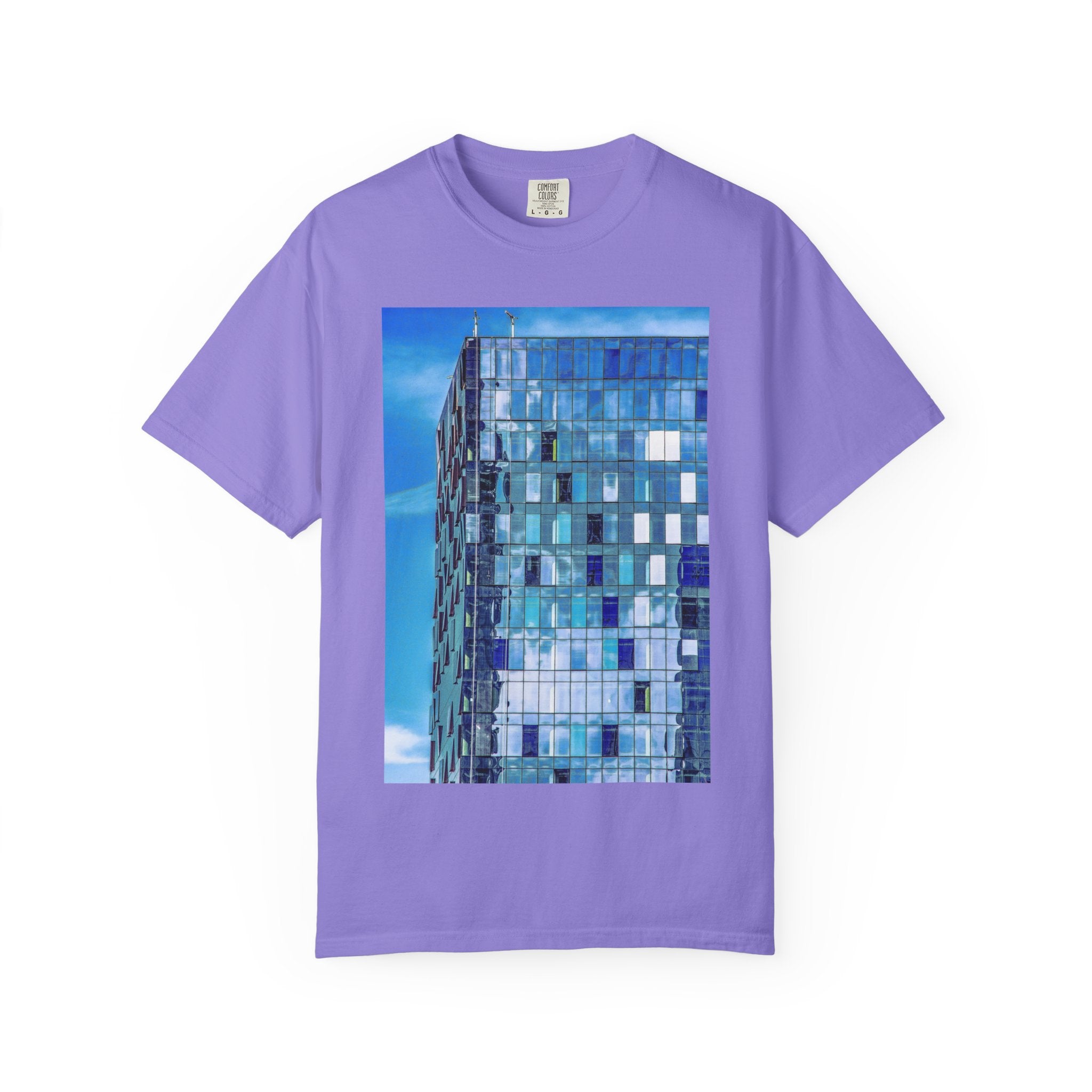 Toy Box By Kevin Quinn -Modern Urban Architecture Glass Facade T-Shirt — Blue Architectural Photo Tee