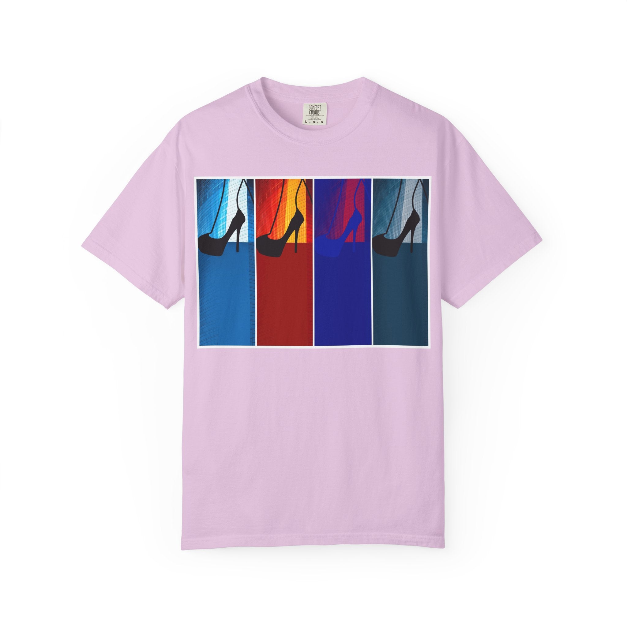 She Knows How To Use Them By Kevin Quinn -Modern Pop Architecture Art Stiletto T‑Shirt — Colorblock High Heel Graphic with QR Code
