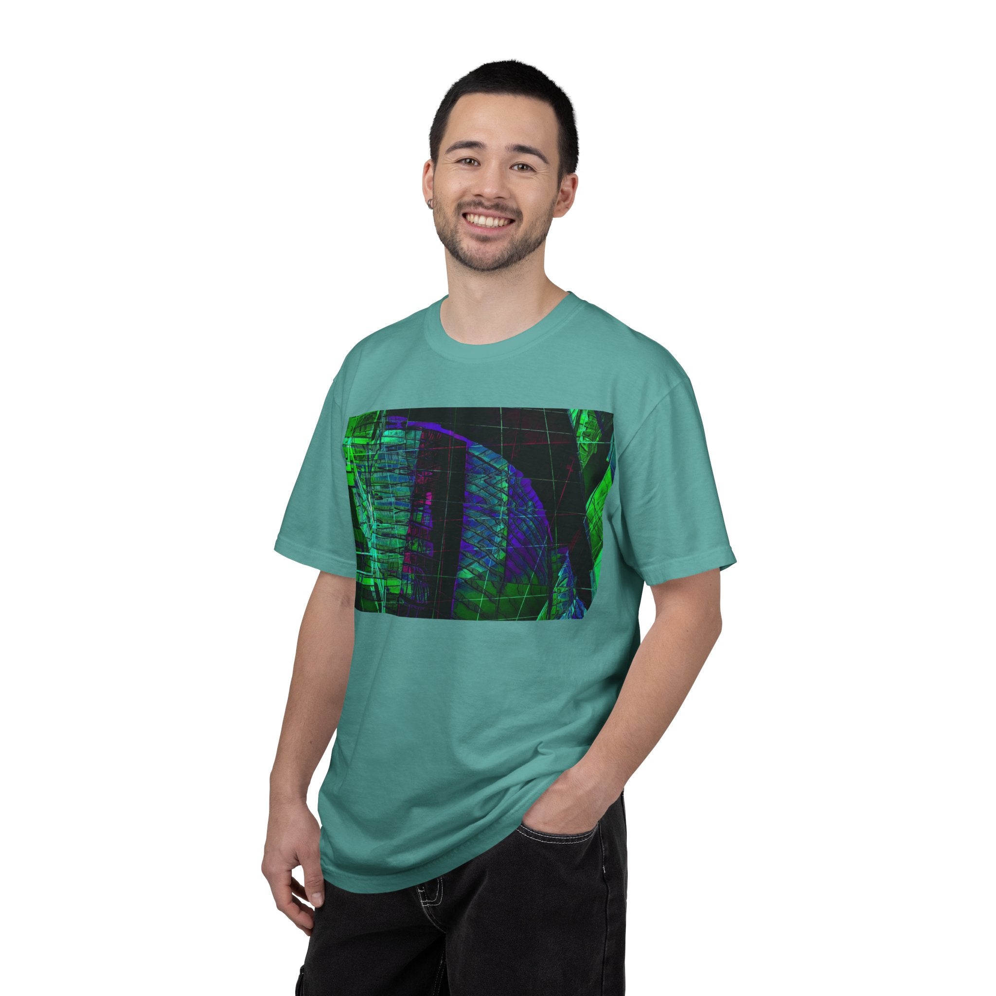 Love Talk By Kevin Quinn -Urban Abstract Architecture Neon Cityscape T-Shirt - Green & Purple Glitch Graphic