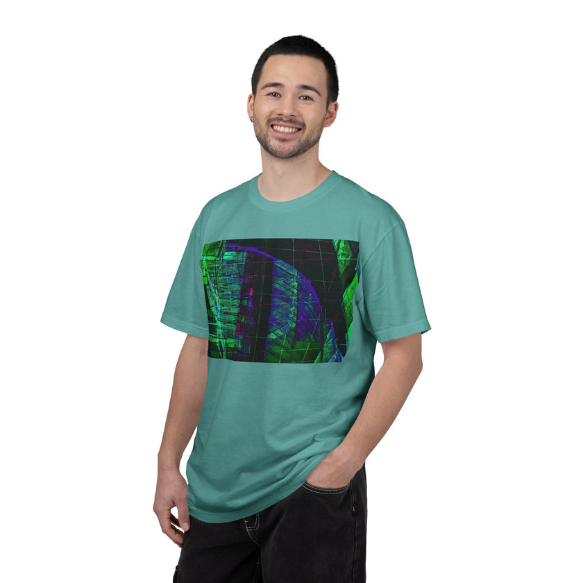Love Talk By Kevin Quinn -Urban Abstract Architecture Neon Cityscape T-Shirt - Green & Purple Glitch Graphic