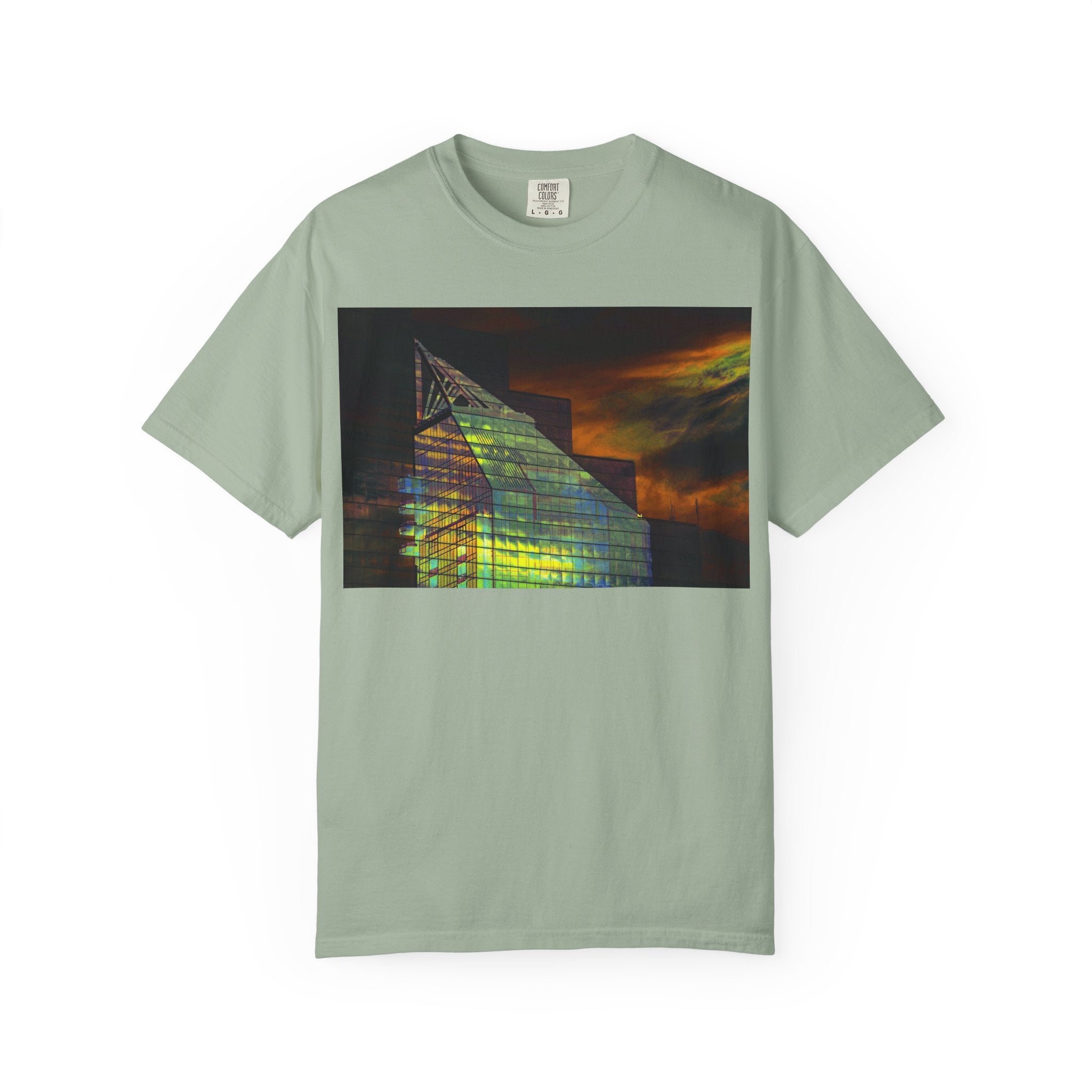 Night Light By Kevin Quinn -Modern Abstract Architectural Nightscape T-Shirt — Glass Building Sunset Photo Tee