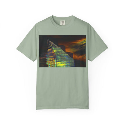 Night Light By Kevin Quinn -Modern Abstract Architectural Nightscape T-Shirt — Glass Building Sunset Photo Tee